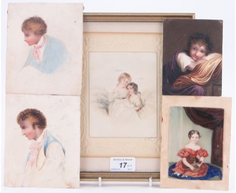 A Group of 19th century miniature watercolour portraits,
comprising portraits of 2 children, signed E H. 5" x 4", watercolour