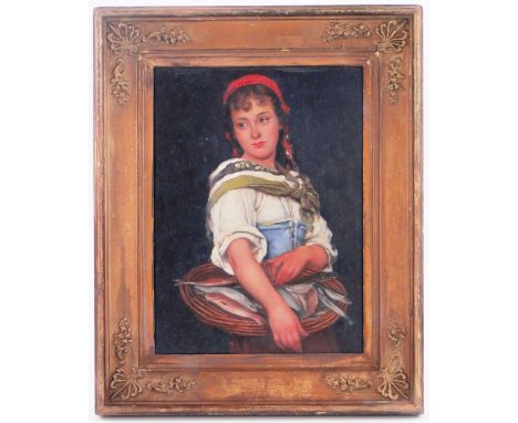 19th / 20th century Oil on panel
Portrait of a Continental fish girl, unsigned, 13" x 9.5" framed