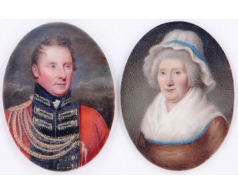 Pair of 19th century Continental  miniature oils on porcelain plaques,
Portrait of a military officer, & a woman, unsigned, 2