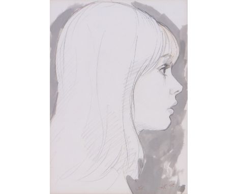 Richard Baines
pencil/watercolour, portrait of Jean Shrimpton, signed with initials 1969, 11" x 8" framed