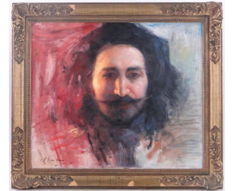 Oil on canvas laid on board,
head portrait of a man, indistinctly signed, modern, 20.5" x 24" framed