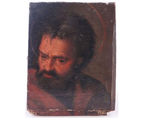 17th/18th century oil on wood panel,
Portrait of a saint, indistinct inscriptions verso, 4.75" x 3.5" unframed