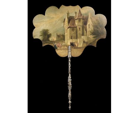 * A hand-painted face screen fan, circa 1830, scallop-edged papier mâché fan, depicting a continental landscape with pictures
