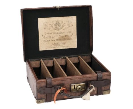 * A Cogswell &amp; Harrison brown leather brass bound cartridge case, circa 1910, the lid inscribed 'R Fleming', the interior