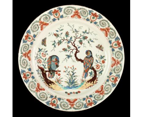 * Charger. A fine Chinese polychrome porcelain charger, Kangxi period (1662-1722), with Dutch decoration of a pair of parrots