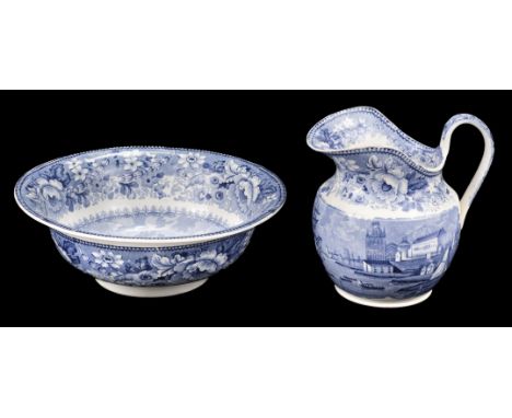 * A Pountney &amp; Allies 'Bristol Views Series' pottery wash jug and basin, circa 1830, blue and white transfer printed with