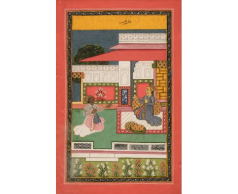 *Rajasthan School. A Tambur player kneeling before a ruler, who sits on a carpet with cushions on a verandah with decorated w