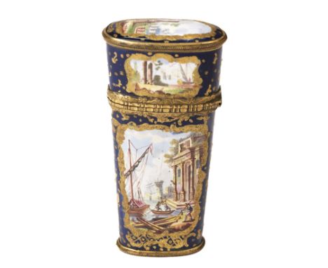 * A South Staffordshire enamel etui, circa 1770, tapered case of oval section with gilt metal mounts, painted on both sides a