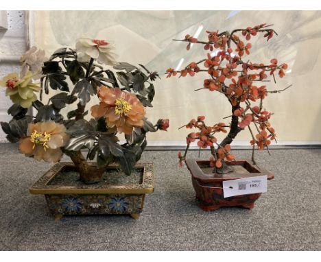 * Chinese bonsai tree display, late 19th or early 20th century,  a polychrome peony plant, of jade, agates and crystal, in a 