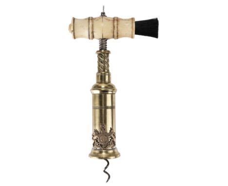 * A Victorian 'Thompson' type double lever corkscrew, the brass cylinder affixed with royal coat of arms, bone grip and repla