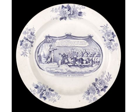 * A William IV pottery plate made to commemorate the Reform Act of 1832, purple transfer print showing the dissolution of par