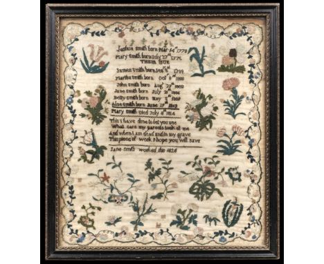 * Genealogical sampler by Jane Smith, 1820, stitched in silks on cream muslin, with a family tree and a devotional 4-line ver
