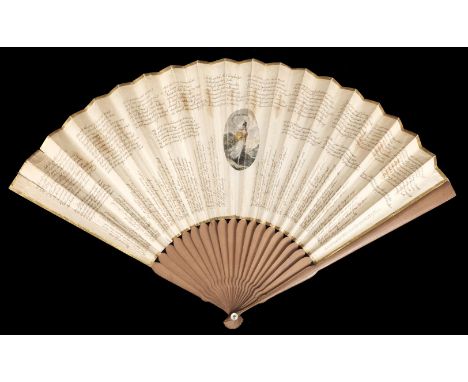 * A Regency fan with watercolours and manuscript verse, circa 1800, double-sided folding paper fan, each side with a central 