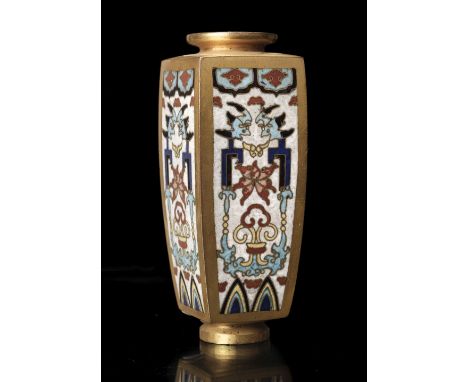 *Chinese cloisonné enamel vase, mid-Qing Dynasty, of a tapering quadrilateral column form, gilt decorated, the four sides wit