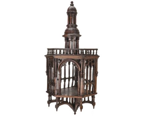 * Gothic oak wall bracket, 18th century, of architectural form with dome raised on turned columns, an arched aperture flanked