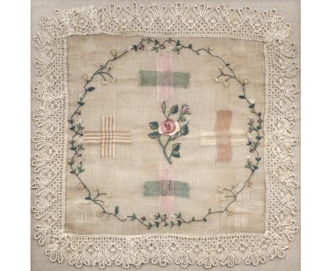 * Lace-trimmed darning sampler, early 19th century, stitched in polychrome threads on a cream coarse linen ground with a cent