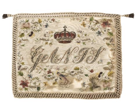 * Embroidered and beaded glove receptacle, French, late 18th/early 19th century, in bookcover form, composed of cream moiré s