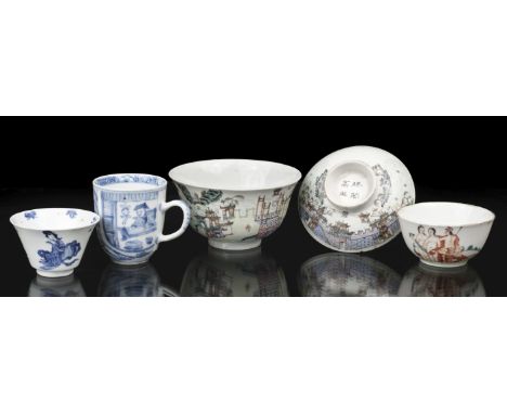 * Chinese Famille rose teacup, Qianlong (1735-1796), the exterior decorated with European figures, a peacock and a dog in a l