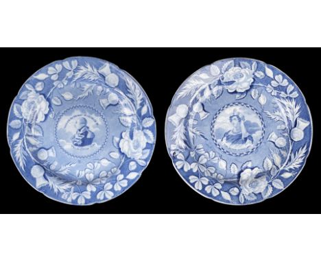 * A pair of George III and Queen Charlotte commemorative plates, 1820, a matched pair of underglaze blue and white transfer-p
