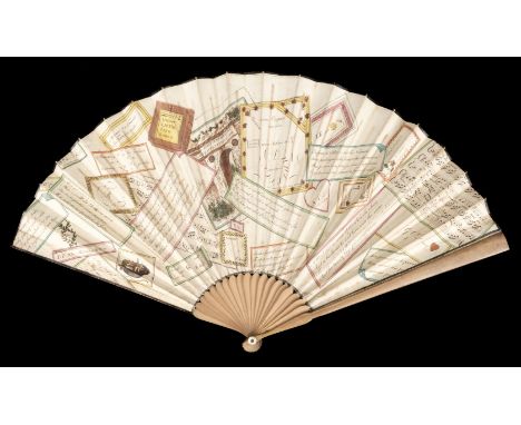 * Conundrum fan, no publisher, circa 1791, hand-coloured double-sided fan, etched with various riddles and puzzles in English