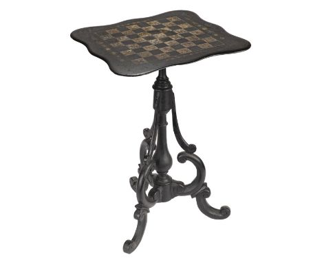 * A Victorian occasional table, for chess, the shaped black slate top painted with a chess board within a floral border, over