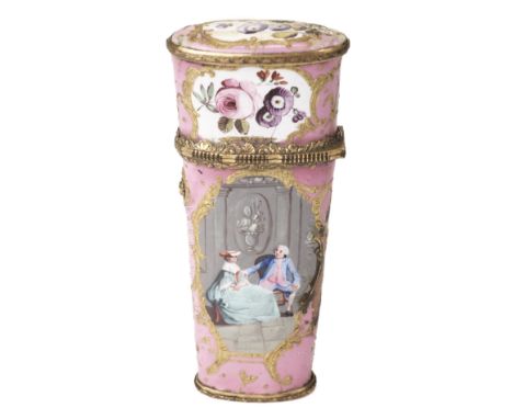 *A South Staffordshire enamel etui, circa 1770, tapered case of oval section with gilt metal mounts, front painted with a lad