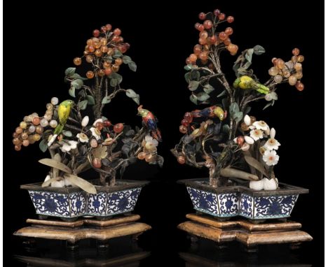 * Chinese Bonsai Displays, Qing Dynasty (1644-1911), a pair of semi precious stone bonsai, with agate berries, jade leaves, a