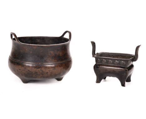 * Chinese copper incense burner, circa 18-19th century, of circular form, with two upright handles raised from the rim, a low