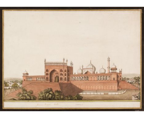 *Company School. View of the Jama Musjid, Delhi, circa 1850, fine large-scale watercolour with pen and ink and opaque waterco