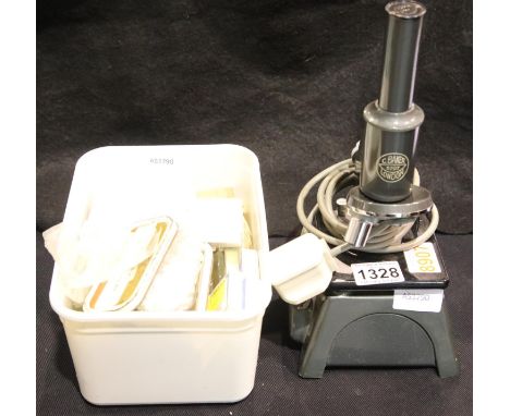 C Baker London microscope with a box of slides. Not available for in-house P&P, contact Paul O'Hea at Mailboxes on 01925 6591