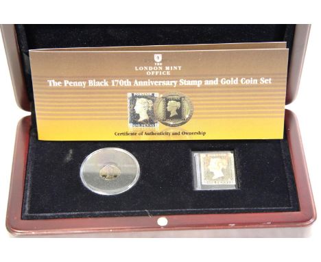 The Worlds First Blackened Penny Black Coin in 24ct Gold, (1/25 oz), with Worlds First Postage Stamp, the 1840 Penny Black. P