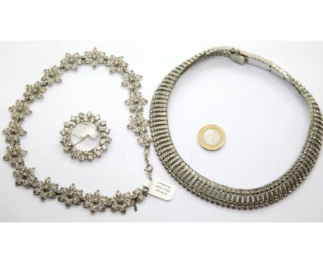 Diamante jewellery, including collarette, necklace and brooch. P&amp;P Group 1 (£14+VAT for the first lot and £1+VAT for subs