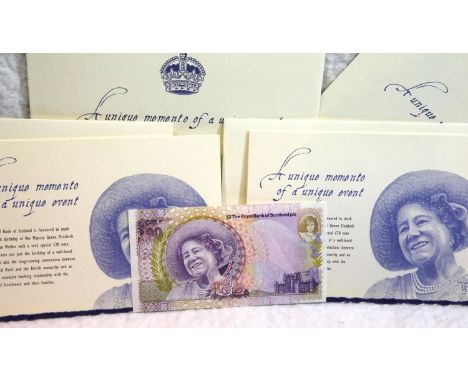 Four Queen Mother's 100th birthday £20 notes. P&amp;P Group 1 (£14+VAT for the first lot and £1+VAT for subsequent lots) 