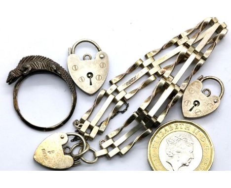 Silver gate bracelet with padlock charm, two silver padlocks and a silver chameleon badge.  P&amp;P Group 1 (£14+VAT for the 
