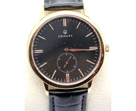 Boxed Ornake gents wristwatch with Japanese Mituyo movement, black face gold plated case. P&amp;P Group 2 (£18+VAT for the fi