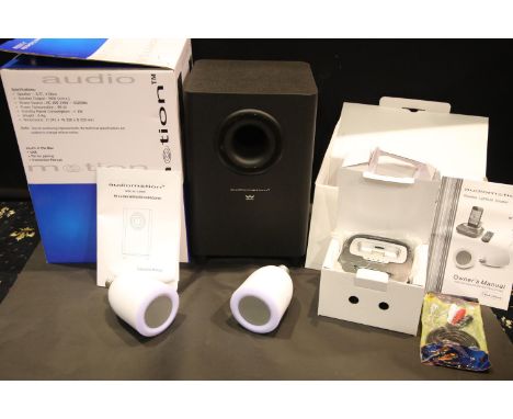 Pair of stereo wireless light bulb speakers and a docking station with large subwoofer (Audio Motion) brand new in box. P&amp