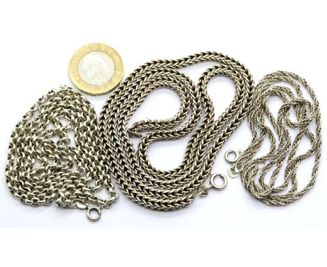 Three mixed silver chains combined 60g.  P&amp;P Group 1 (£14+VAT for the first lot and £1+VAT for subsequent lots) 