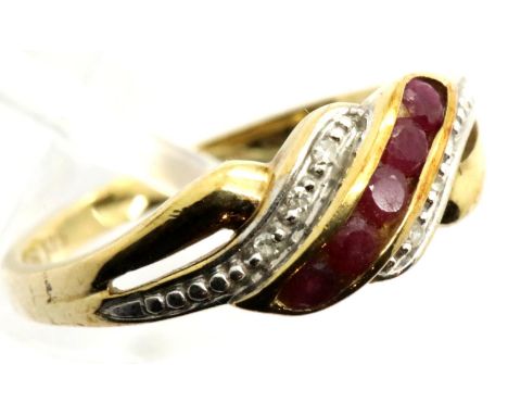 9ct yellow gold, ruby and diamond set ring, size L, 1.9g. P&amp;P Group 1 (£14+VAT for the first lot and £1+VAT for subsequen