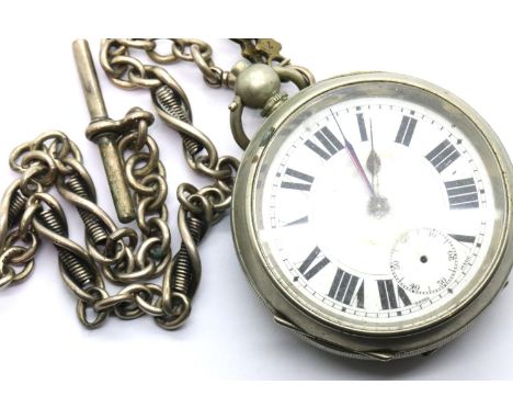 Open face pocket watch with silver watch chain and T-bar. Not working at lotting. P&amp;P Group 1 (£14+VAT for the first lot 