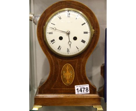 Edwardian inlaid mahogany chiming mantel clock, the movement set into a balloon form surround, H: 28 cm, working at time of l