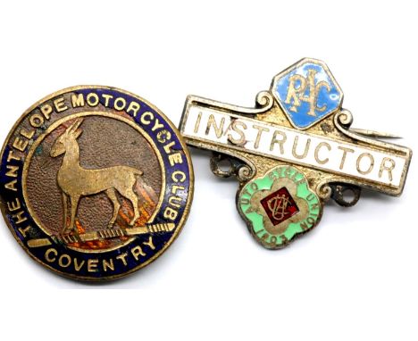 RAC Auto Cycle Union instructor badge and AA Antelope Motor Cycle Club example.  P&amp;P Group 1 (£14+VAT for the first lot a