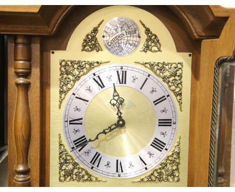 Modern oak cased longcase clock, working at time of lotting, H: 188 cm. Not available for in-house P&amp;P, contact Paul O'He