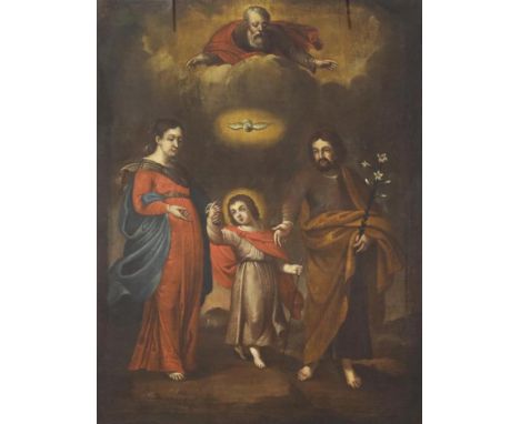 Unsigned 17th century? religious themed oil on canvas depicting Jesus, Mary, Joseph and God, 94 x 74 cm. Not available for in