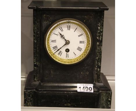 Victorian marble and slate cased chiming mantel clock, H: 23 cm, not working at time of lotting. Not available for in-house P