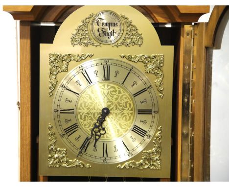 Modern twin weight longcase clock with weights and pendulum, working at time of lotting. Not available for in-house P&amp;P, 