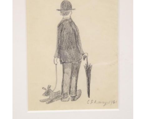 In the manner of Laurence Stephen Lowry, pencil study of a man with dog, signed LS Lowry, 18 x 11 cm. P&amp;P Group 2 (£18+VA