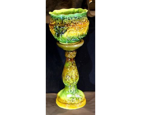 Majolica jardiniere and pedestal, overall H: 81 cm. Not available for in-house P&P, contact Paul O'Hea at Mailboxes on 01925 