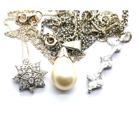 Three silver pendants on silver chains including a pearl example. P&amp;P Group 1 (£14+VAT for the first lot and £1+VAT for s