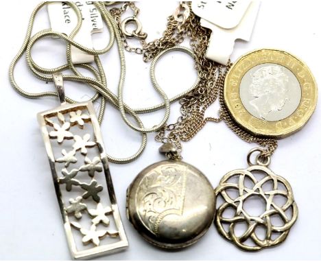 Three silver pendants on silver chains including a locket. P&amp;P Group 1 (£14+VAT for the first lot and £1+VAT for subseque
