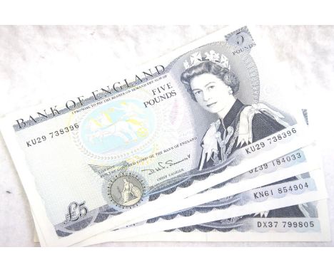 Four Wellington £5 notes. P&amp;P Group 1 (£14+VAT for the first lot and £1+VAT for subsequent lots) 